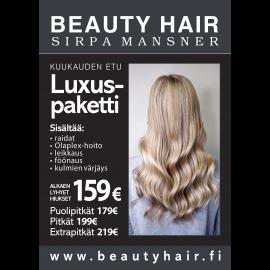 Luxus-paketti sis. raidat+olaplex-hoito+leikkaus+föönaus+kulmien värjäys, lyhyet 159 €, puolipitkät 179 €, pitkät 199 €, extra pitkät 219 €