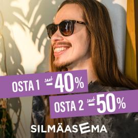 Silmäasemalla kaikki aurinkolasit voimakkuuksilla tai ilman 40 %:n alennuksella. Kun ostat kahdet, saat molemmat puoleen hintaan! Tervetuloa!