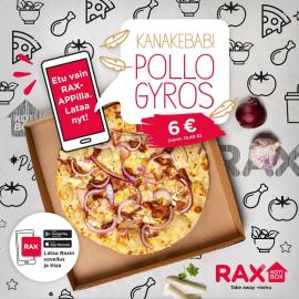 Tervetuloa Raxiin herkuttelemaan! 😋 Kesäinen uutuuspizza Pollo Gyros on nyt täällä 🍕😍! Saat pizzan myös take awayna Rax-sovelluksen kautta hintaan 6 €. Tarjoushinta voimassa  vain kuponkietuna Rax-sovellukseen rekisteröityneille.