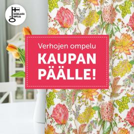 Kankaan ostajalle verhojen ylä- ja alakäänteiden ompelutyö kaupan päälle