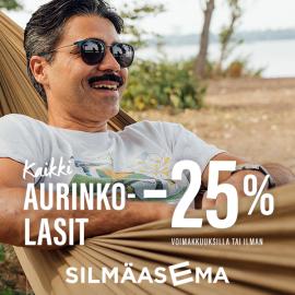 Silmäasemalta nyt kaikki silmälasit 40 %:n alennuksella sisältäen vapaavalintaiset kehykset ja linssit. Kun ostat itsellesi kerralla kahdet lasit, saat molemmat puoleen hintaan! Tervetuloa!