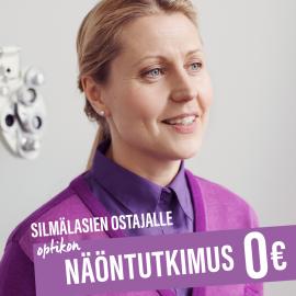 Aloita uusien silmälasien hankinta optikkokäynnillä! Juuri nyt Silmäasemalla ilmainen optikon näöntutkimus silmälasien ostajalle (norm. 35 €). Varaa aika etukäteen netissä tai pistäydy myymäläämme. Tervetuloa!