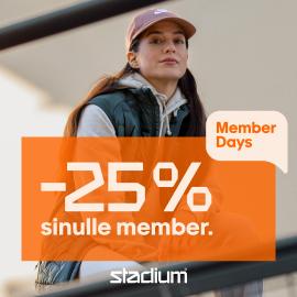-25 % alennusta Stadium membereille. Tarjous on voimassa 25.9.–9.10.2023 verkossa stadium.fi ja kaikissa Stadium-myymälöissä. Tarjous koskee normaalihintaisia tuotteita. Ei koske polkupyöriä, elektroniikkaa, Bauer-merkin tuotteita, seuratuotteita.