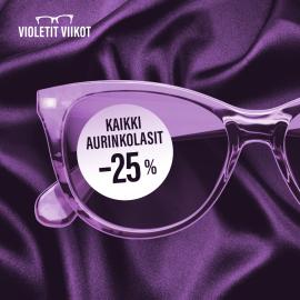 Silmäasemalla Violettien viikkojen kunniaksi aivan kaikki aurinkolasit joko voimakkuuksilla tai ilman 25 prosentin alennuksella. Tervetuloa – myymälä täynnä huipputarjouksia!