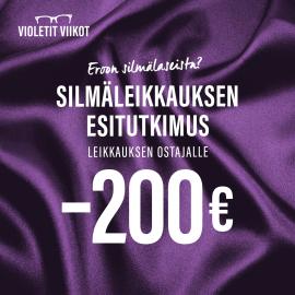 Eroon silmälaseista? Silmäasemalla Violettien viikkojen kunniaksi silmäleikkauksen esitutkimus leikkauksen ostajalle -200 € (norm. 200 €). Pistäydy myymäläämme ja kysy lisää henkilökunnalta tai varaa aika netissä. Tervetuloa!
