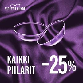 Silmäasemalla Violettien viikkojen kunniaksi kaikki piilolinssit 25 prosentin alennuksella. Tervetuloa – myymälä täynnä huipputarjouksia!