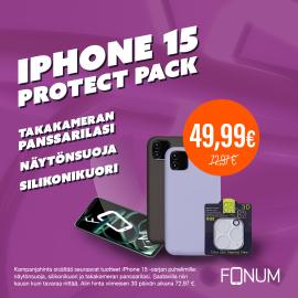 iPhone 15 Protect pack: Näytönsuoja, silikonikuori ja takakameran panssarilasi
