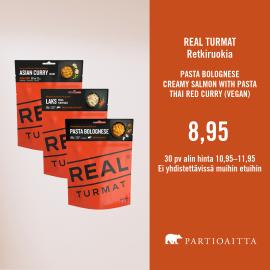 REAL TURMAT retkiruokia 8,95€ / Pasta bolognese, Creamy salmon with pasta, Thai red curry (vegan)