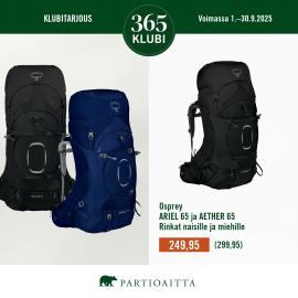 Klubitarjous: Osprey Ariel 65 ja Aether 65- rinkat naisille ja miehille 249,95€