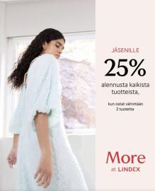 Voimassa 31.5.2026 asti. Koskee uusia ja nykyisiä More at Lindex -jäseniä. Alennus annetaan kassalla, kun ostat 2 tai useampia tuotteita. Koskee normaalihintaisia tuotteita. Ei voi yhdistää muihin tarjouksiin tai alennuksiin.