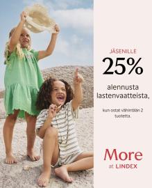 Voimassa 28.6.2026 asti. Koskee uusia ja nykyisiä More at Lindex -jäseniä. Alennus annetaan kassalla, kun ostat 2 tai useampia tuotteita. Koskee normaalihintaisia tuotteita. Ei voi yhdistää muihin tarjouksiin tai alennuksiin.